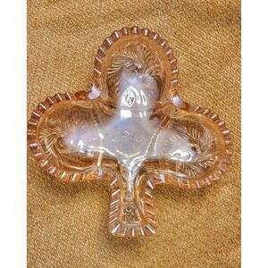 Vintage Amber Sawtooth Edge Clover Club Shape Candy/Nut Dish Luster Iridescent